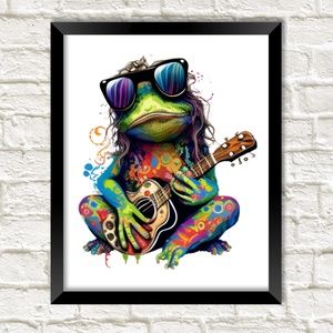 Hippie Frog Groovy Guitar Singer Wall Art Print UNFRAMED Love Peace Rock 'n Roll